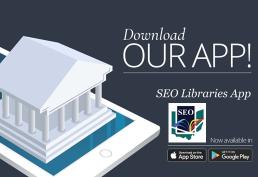 Library with Roman columns. Caption reads download our app! SEO Libraries app