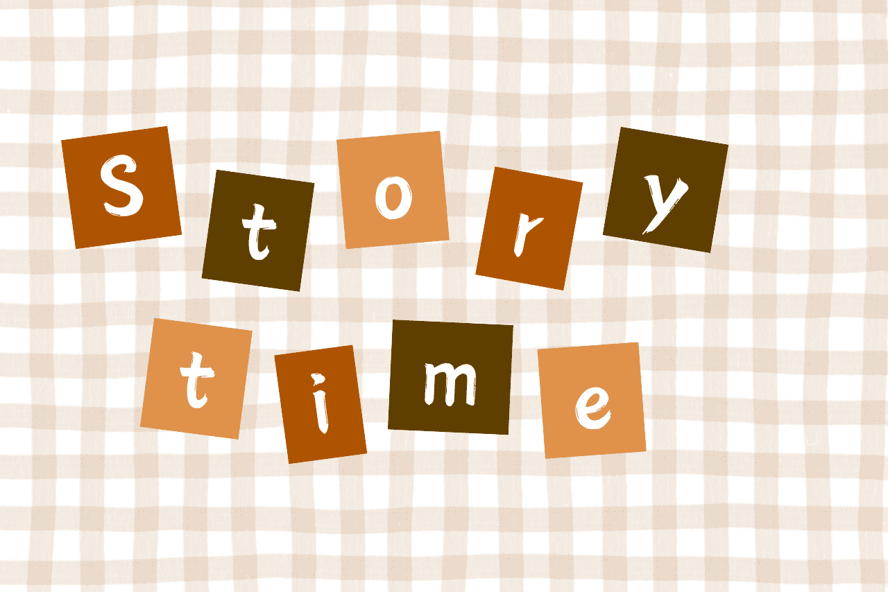 "story time" in fall colors on plaid background 