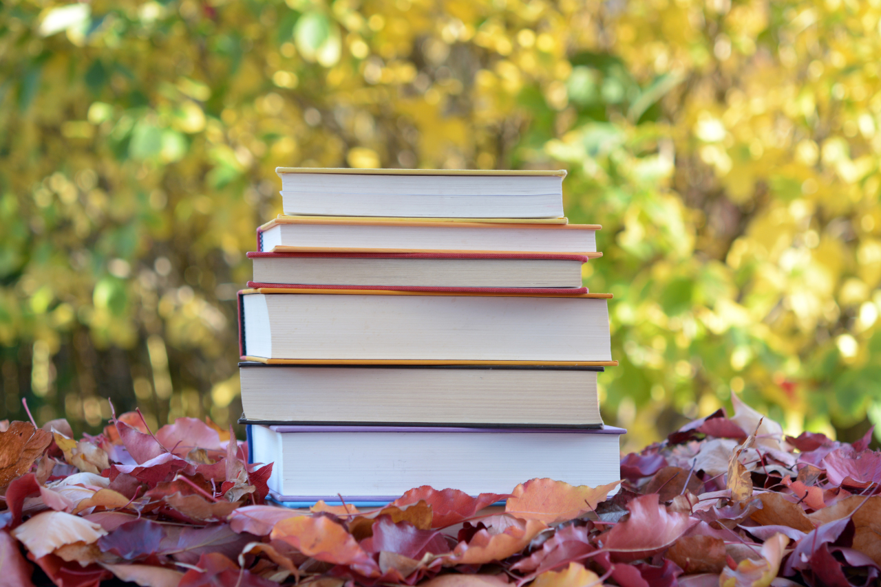 stack of books on autumn leaves