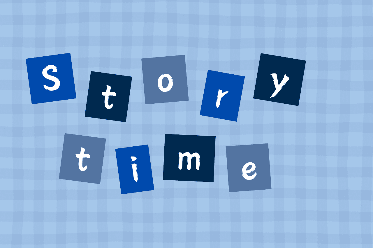 "Storytime" in blue with blue checkered background