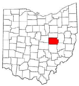 City of Coshocton highlighted on map of Ohio