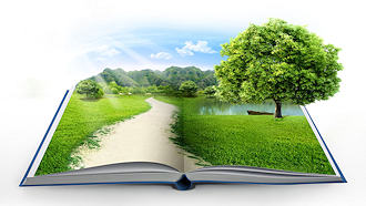 open book with tree, grass, walking path and blue sky